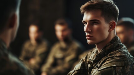 Fototapeta premium A contemplative young soldier listens intently in a group setting, embodying the seriousness of military training and camaraderie.