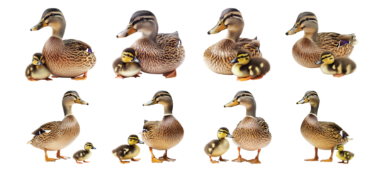 Pack of Duck and its duckling set against transparent background for nature-themed projects and illustrations