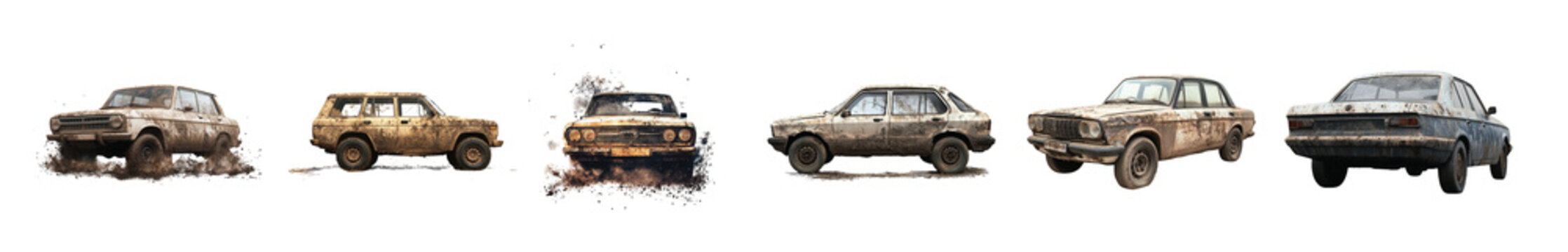 Pack of Dirty car covered in dust set against transparent background for car maintenance themes, cleanliness issues, or automotive repair content