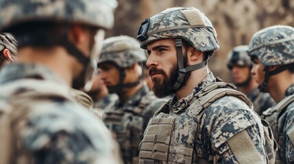 Fototapeta premium A focused military leader engages with soldiers, showcasing camaraderie and discipline in a tactical environment.