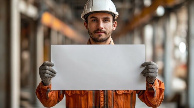 A worker holding a blank sign in front of a barrier, isolated on a white background. 