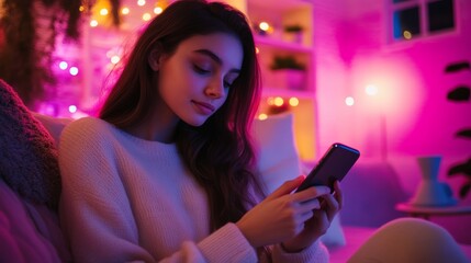 Young woman using her smartphone in a cozy room with colorful soft pink and purple lighting for a cinematic atmosphere