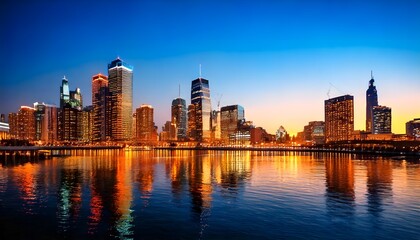 Fototapeta premium Vibrant city skylines at dusk with skyscraper and building lit up in warm tones against.