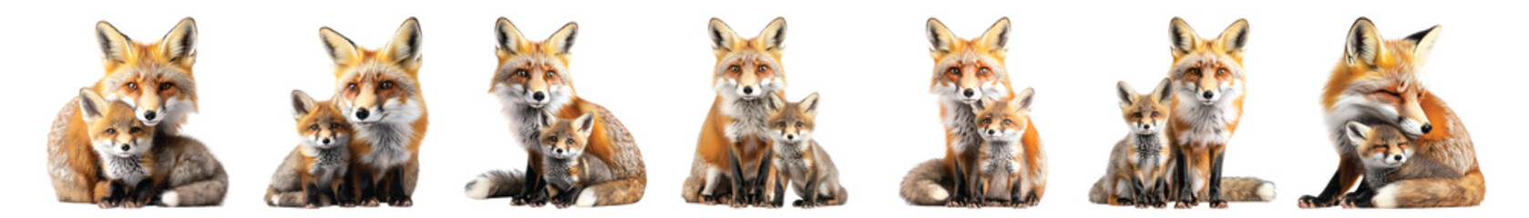 Fototapeta premium Pack of Foxes with their kits set against transparent background for wildlife or nature-themed content