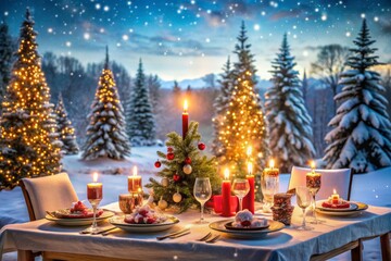 Obraz premium Festive Christmas and New Year Greeting Card Background with a Beautiful Winter Landscape Featuring a Snowy Table Surrounded by Snow-Covered Christmas Trees and Holiday Cheer