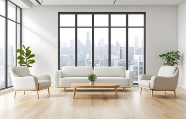 Fototapeta premium White Sofa and Armchairs in a Modern Living Room with City View
