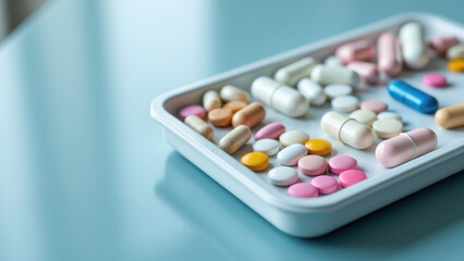A plastic tray filled with colorful medication pills on a blue surface.