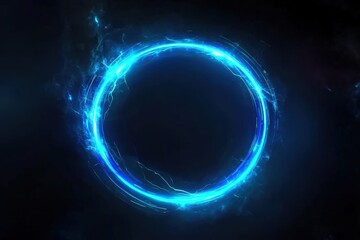 Obraz premium blue circle light frame on black background.Blue light effects on round placeholder for your text on dark background.a blue glowing circle.for futuristic or technology-themed designs.