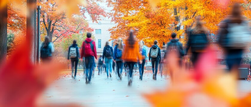 Students walking through a college campus surrounded by autumn foliage colorful leaves and motion blur creating a warm seasonal atmosphere
