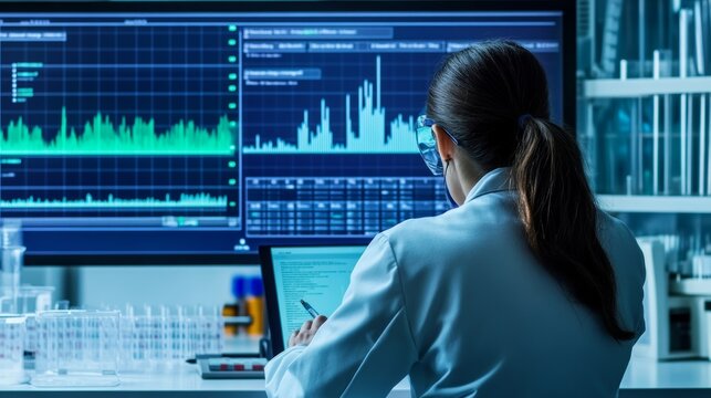 A researcher analyzing data on a screen with graphs showing economic growth trends symbolizing the impact of r and d
