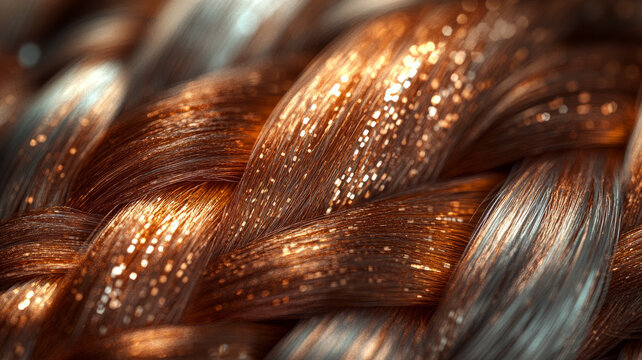 Close-up of a shiny, golden-brown braided texture.