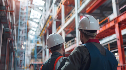 Obraz premium Engineers in bump caps discussing plan on construction site