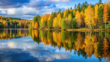 Calm water lake reflecting colorful autumn forest in Finland , Finland, lake, reflection, autumn, forest, colorful, serene