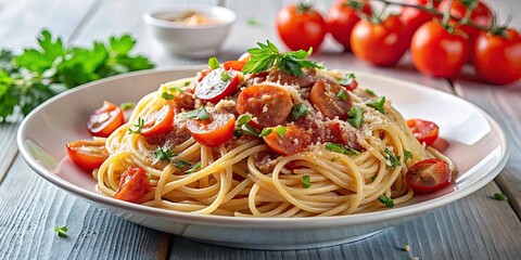 Spaghetti alla Amatriciana with crispy pancetta bacon, fresh tomatoes, and grated pecorino cheese, pasta