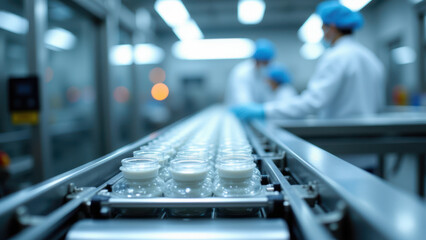 Workers in a factory, assembling and packaging pharmaceutical products.