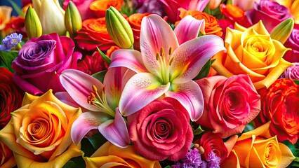 Close-up photo of vibrant roses and lilies showing delicate petals and rich colors, flowers, roses, lilies, close-up, vibrant
