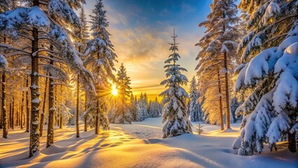Fototapeta premium Winter forest covered in snow with a golden sunrise in the background, winter, forest, snow, golden, sunrise, cold, nature