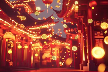 Obraz premium A vibrant 3D cartoon-style red-themed background with glowing golden coins floating through the air, soft particle effects, with generative ai