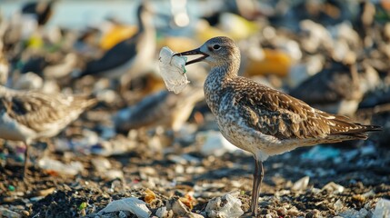 Birds gather in a landfill mistakenly ingesting plastic waste as food bird with plastic in its beak stop land pollution concept