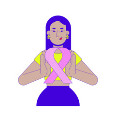 Middle eastern woman holding pink ribbon awareness 2D cartoon character. Breast cancer survivor female arab young adult isolated person flat vector on white background. Spot illustration colorful