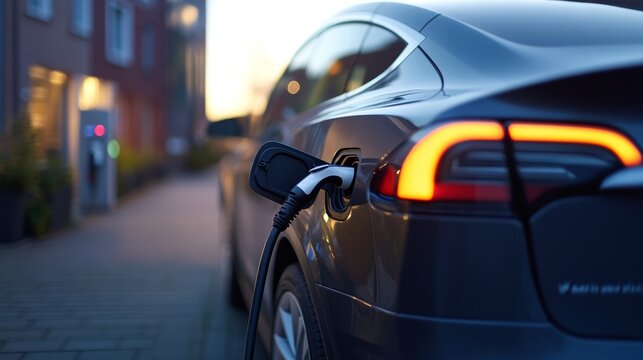 Close-up of an electric vehicle charging representing a shift toward sustainable energy use