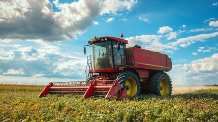 Obraz premium A red tractor is driving through a field of crops