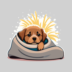 A frightened dog hiding under blankets, scared of fireworks vector illustration