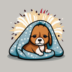 A frightened dog hiding under blankets, scared of fireworks vector illustration