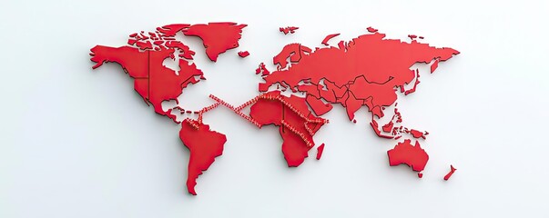 Obraz premium A red die-cut world map design on a white isolated background, illustrating global connectivity and geography in a modern style.