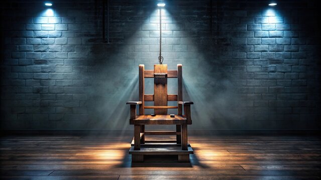Ominous wooden electric chair in a dim, foreboding prison setting , electric chair, ominous, wooden, prison, dim