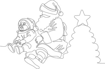 Outlined Cute Santa Claus Cartoon Character With A Sack Full Of Gifts. Vector Hand Drawn Illustration. One continuous line drawing Santa Claus on reindeer and sled. concept for Christmas and New Year