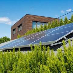 modern house with solar panels on roof, sunny day