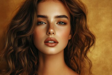 Naklejka premium Portrait of a woman with voluminous, wavy brunette hair and a subtle makeup look, placed against a golden background 