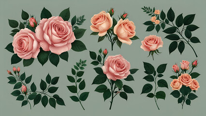 set of pink roses and green leaves illustration perfect for wedding invites and posters.