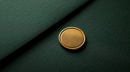 Close-up of a gold button on green fabric.