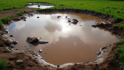 Artistic mud puddle visuals showing a deep puddle with textured ripples, set against a natural field after rainfall