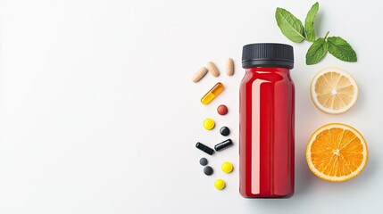 A vibrant red bottle surrounded by fresh fruits, herbs, and colorful supplements on a clean white background, perfect for health and wellness themes.