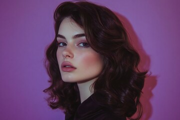 Fototapeta premium Portrait of a woman with voluminous, wavy brunette hair and a subtle makeup look, placed against a violet background