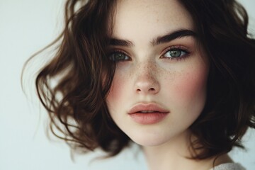 Naklejka premium Portrait of a woman with voluminous, wavy brunette hair and a subtle makeup look, placed against a white background