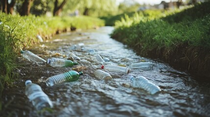 Fototapeta premium Rivers clogged with plastic bottles disrupt natural water flow polluted river filled with waste protect our water sources concept
