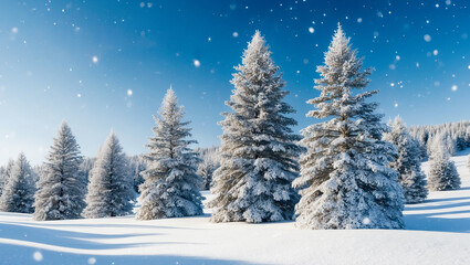 Fototapeta premium Snow covered Christmas Tree against a blue sky background, Christmas decoration background with copy space, Merry Christmas wallpaper, Christmas decor background