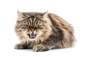 Obraz premium Angry and surprised cat isolated on white background with a funny and excited expression