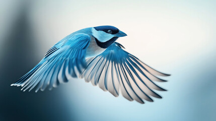 Obraz premium Detailed close-up of a blue jay in flight with wings spread wide against a blurred background.