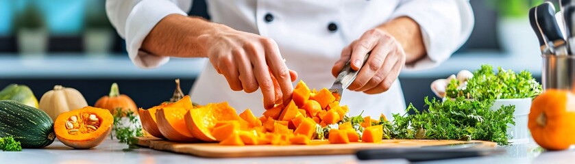 Chef Chopping Fresh Pumpkin.