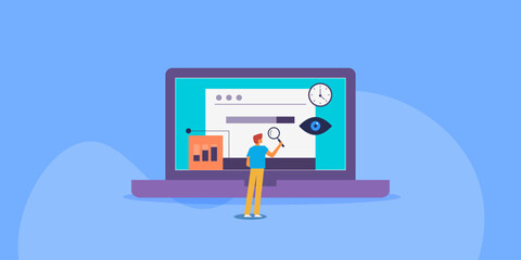 Obraz premium People using real time search engine display results and analytics technology, artificial intelligence software concept. Vector illustration banner.