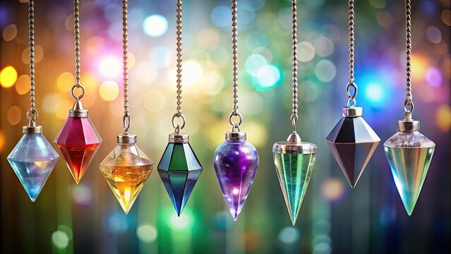 Assorted crystal pendulums reflecting light , crystals, pendulums, assorted, collection, showcase, shiny, gems