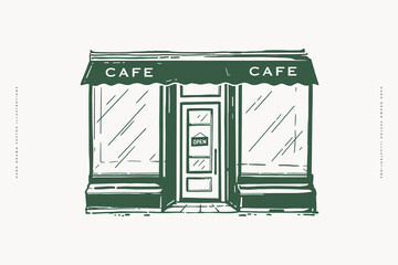 Hand-drawn illustration of a classic cafe storefront with an awning and "open" sign. Line art on a light background, capturing a cozy urban vibe.