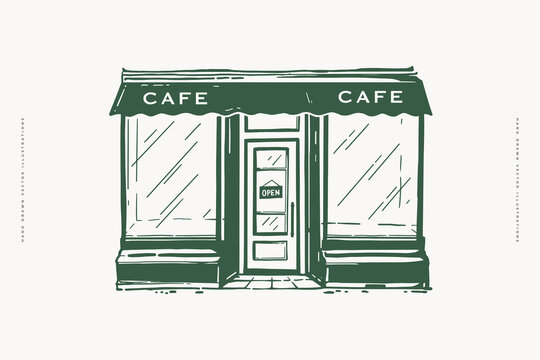 Hand-drawn illustration of a classic cafe storefront with an awning and "open" sign. Line art on a light background, capturing a cozy urban vibe.