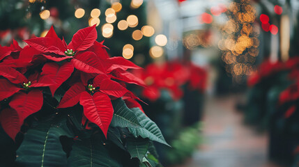 A close-up of vibrant red poinsettias in a holiday display.