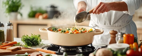 Chef Adding Cream to Vegetable Soup.